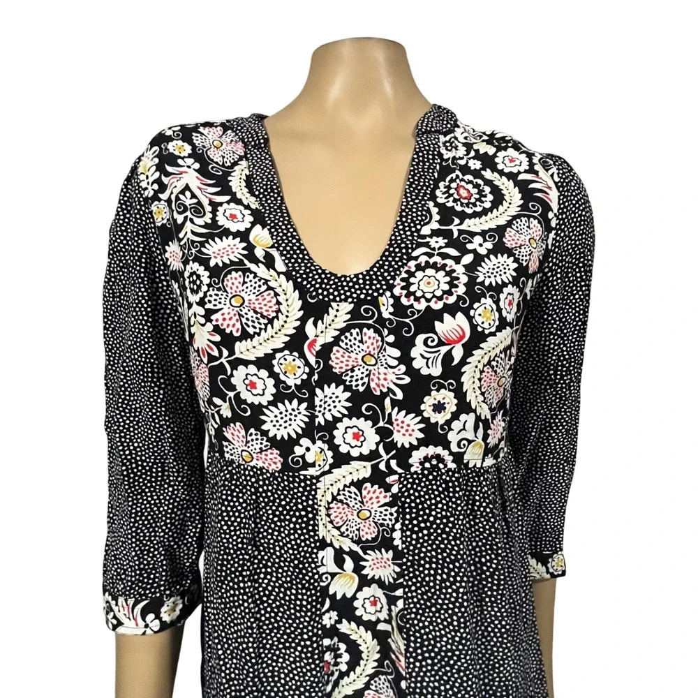 Boden Mixed Floral Polka Dot Empire Waist Dress Black White Cottagecore US 8